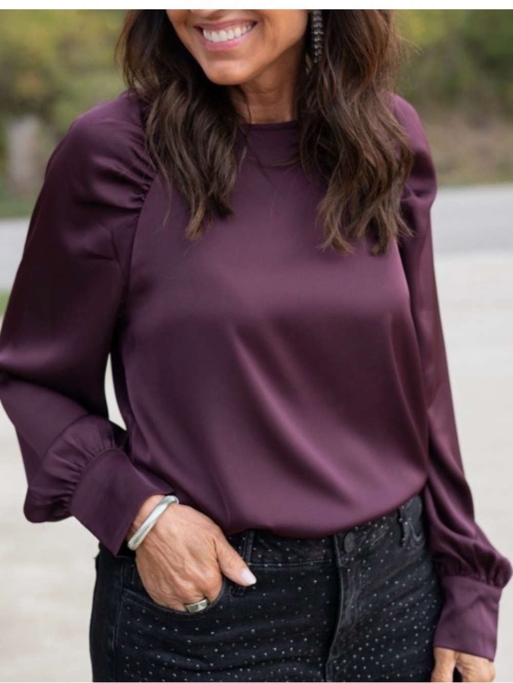 Evereve Alisha Long-Sleeve Satin Blouse in Deep Plum